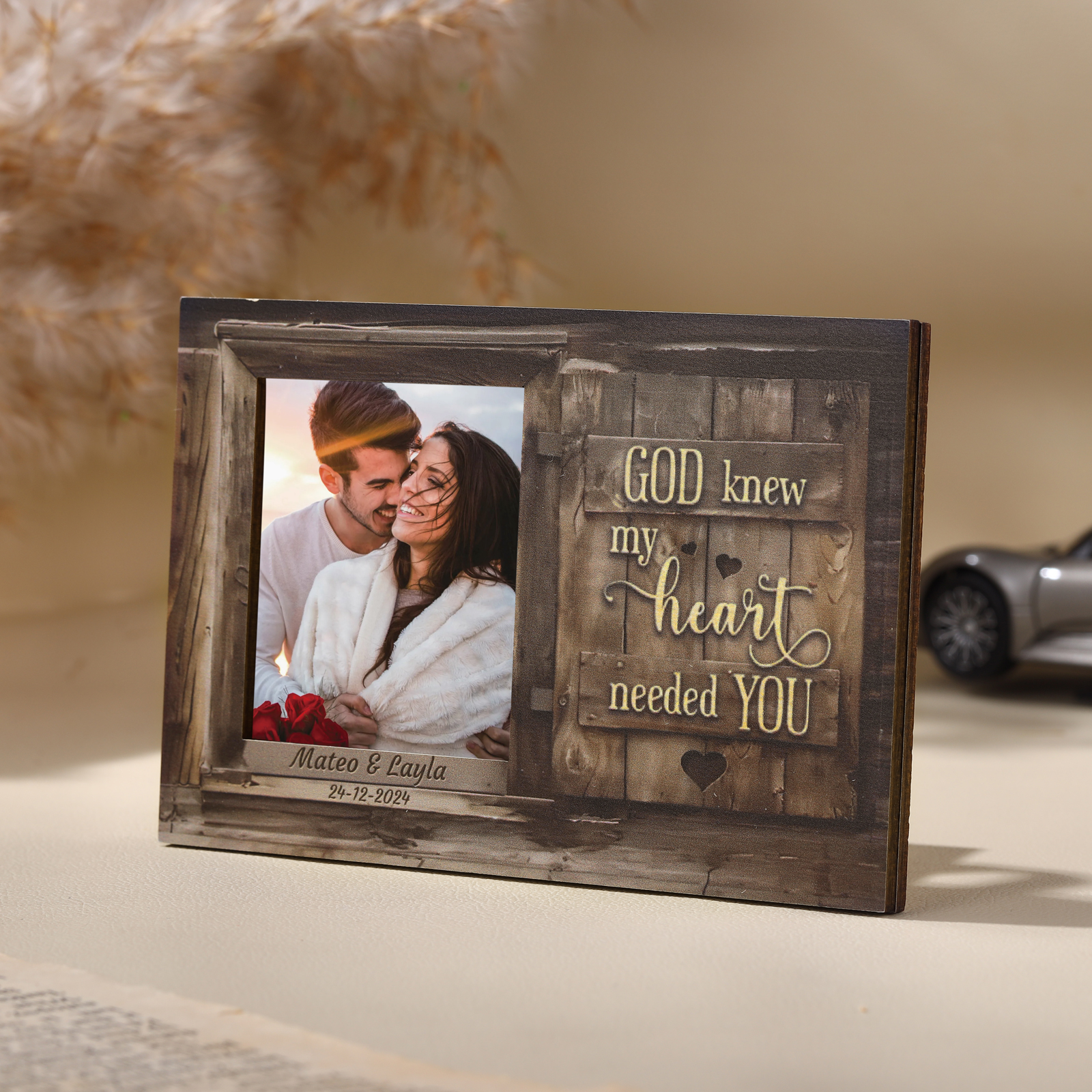 Personalised Wooden Car Sun Visor Clip with Two Names, Photo, and Date – Valentine’s Day Gift for Him/Her | Jessemade