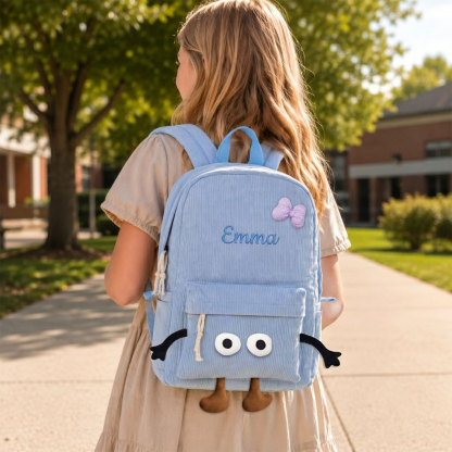Personalised Corduroy Toddler Backpack with Name Embroidery, Cute Eyes and Bow School Bag