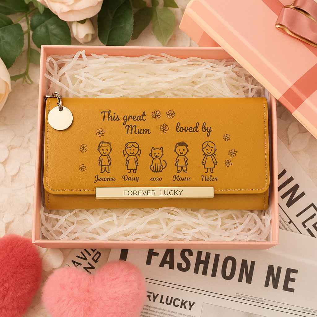 Personalised Women Leather Wallet Purse With 1-6 Kids And Pets Names