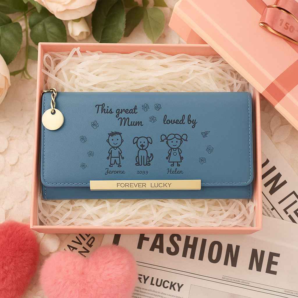 Personalised Women Leather Wallet Purse With 1-6 Kids And Pets Names