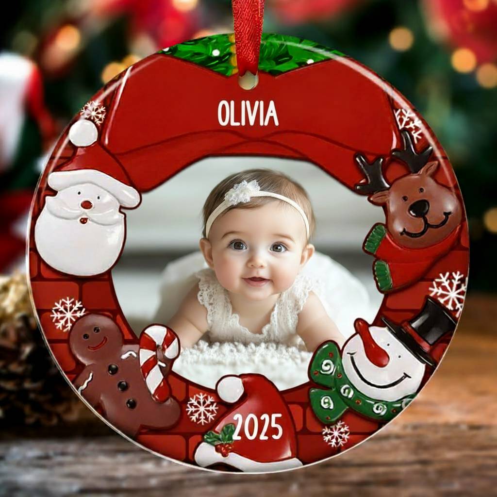 Personalised Baby Wooden Christmas Circle Ornaments Customized Photo & Name & Year Ornament Newborn Christmas Gifts