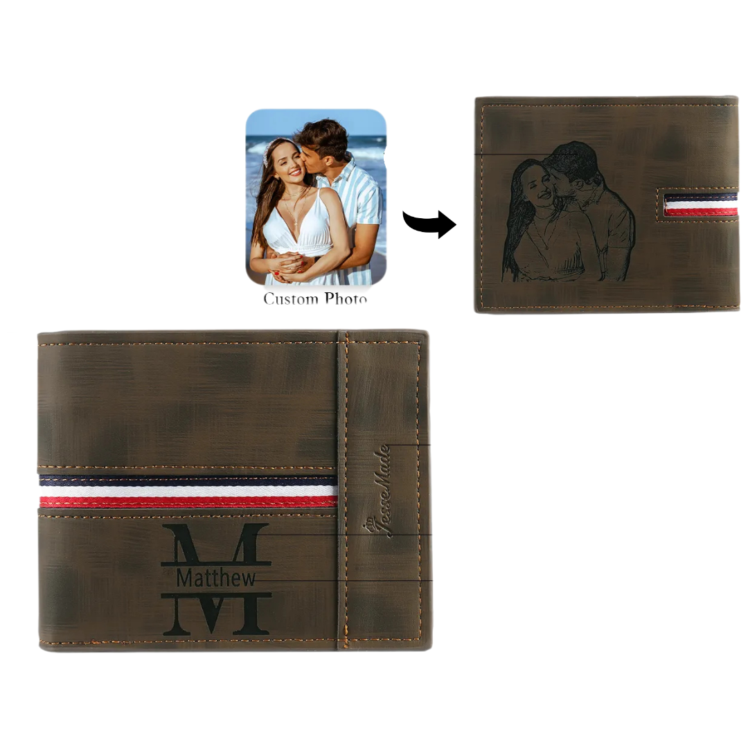 Personalised Name Leather Men's Wallet With Card Slot Engraved Letter And Photo Gift For Him