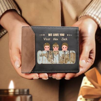 Personalised Leather Wallet Custom 1-6 Names and Cartoon Characters for Grandad | Jessemade