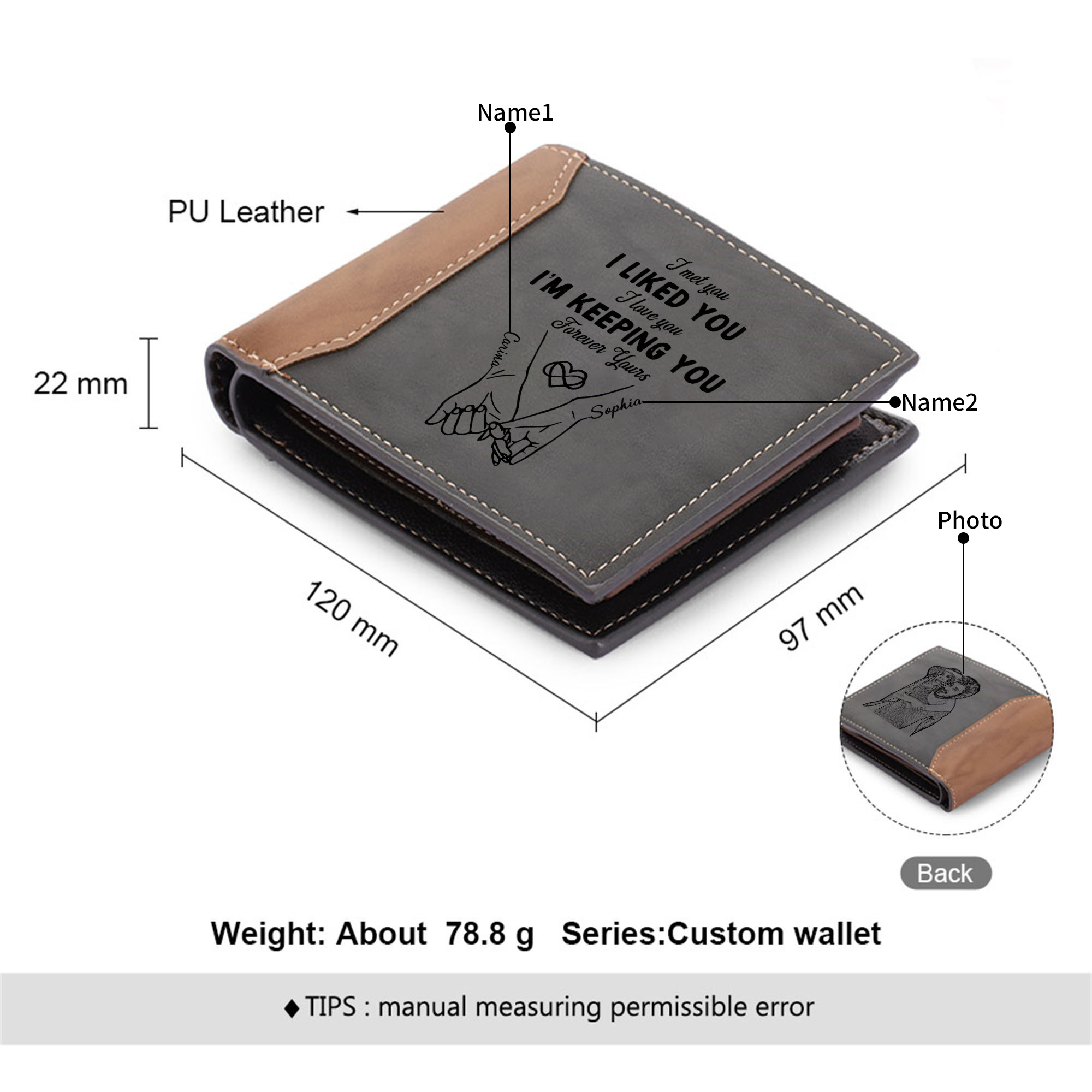 Personalised Photo Engraved PU Leather Couples Wallet for Men