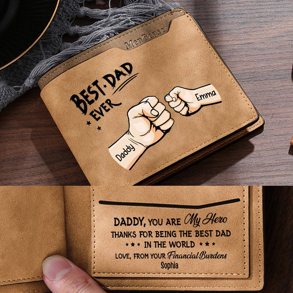 2 Names - Personalised Fist Bump Pattern Custom Text Leather Men's Wallet as a Father's Day Gift for Dad