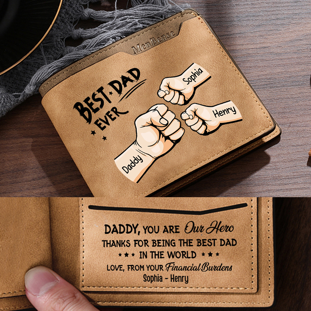 3 Names - Personalised Fist Bump Pattern Custom Text Leather Men's Wallet as a Father's Day Gift for Dad