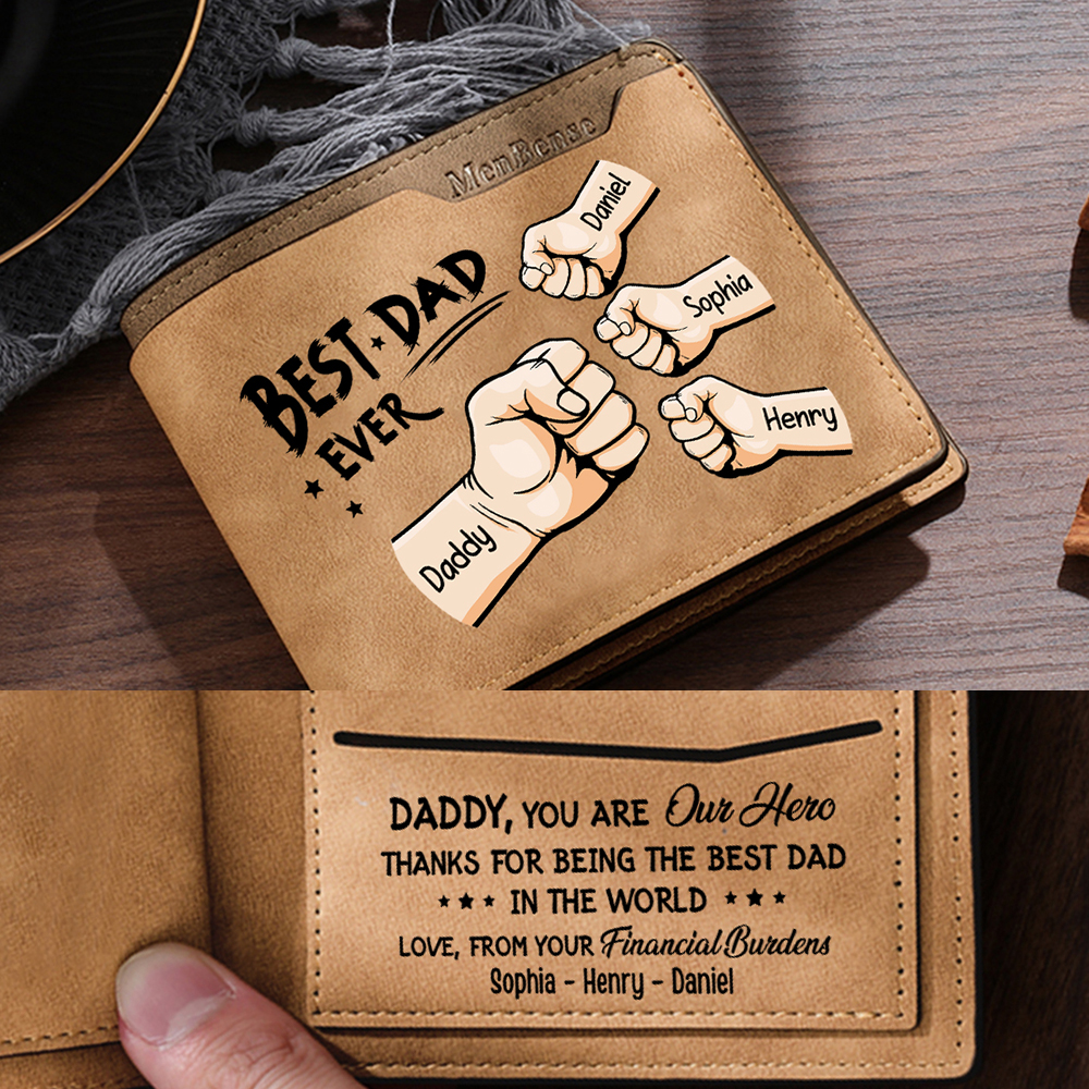 4 Names - Personalised Fist Bump Pattern Custom Text Leather Men's Wallet as a Father's Day Gift for Dad