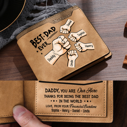5 Names - Personalised Fist Bump Pattern Custom Text Leather Men's Wallet as a Father's Day Gift for Dad