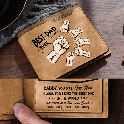 6 Names - Personalised Fist Bump Pattern Custom Text Leather Men's Wallet as a Father's Day Gift for Dad