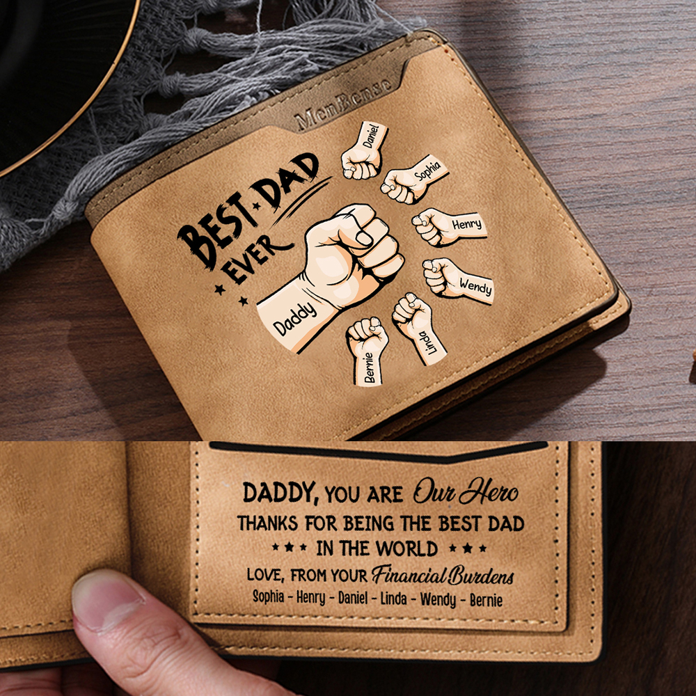 7 Names - Personalised Fist Bump Pattern Custom Text Leather Men's Wallet as a Father's Day Gift for Dad