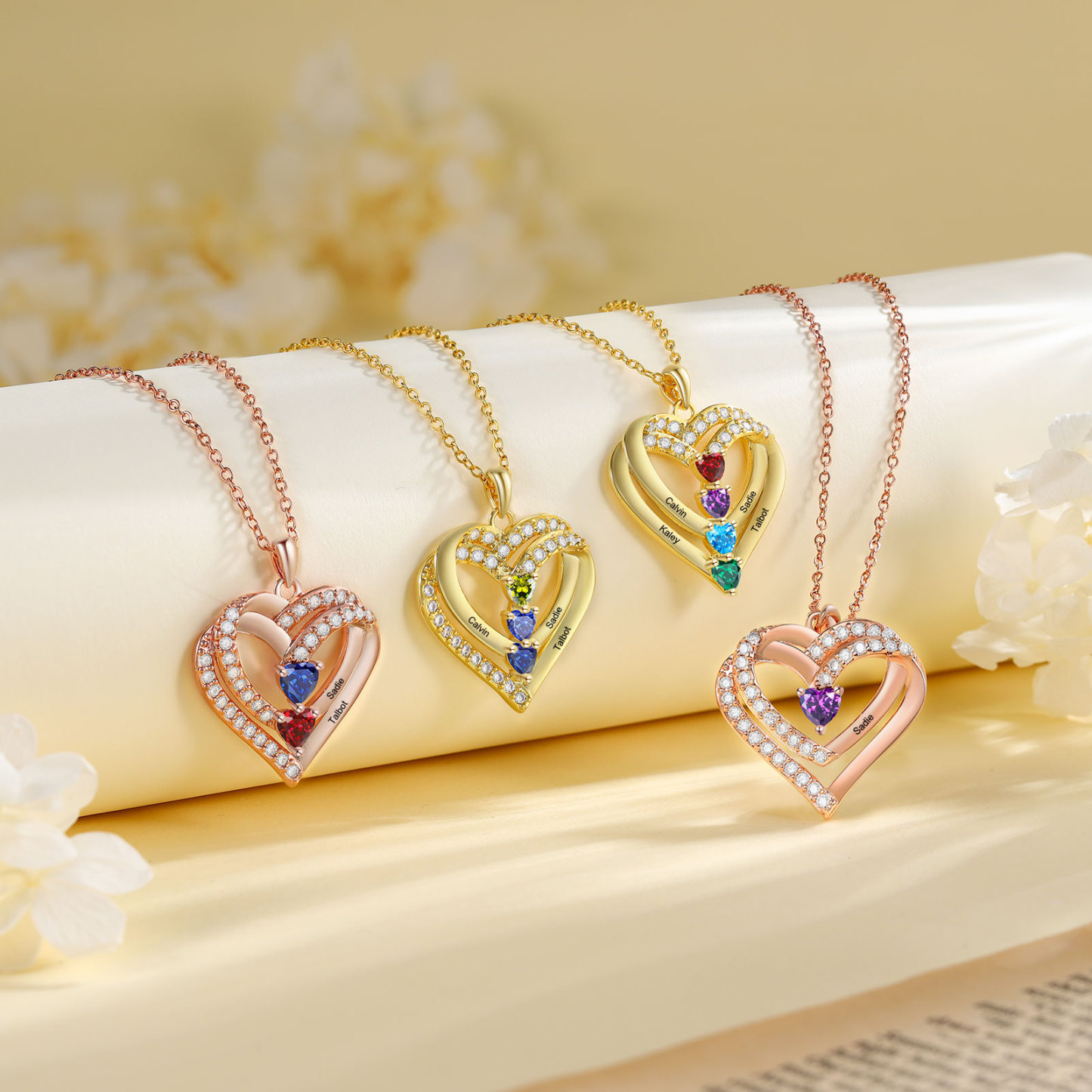 Personalised 925 Sterling Silver Heart Necklace with Names and Birthstones