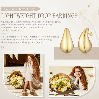 Women's Chunky Gold Hoop Earrings, Lightweight Teardrop Shape Earrings, Fashion Jewelry for Women Girls