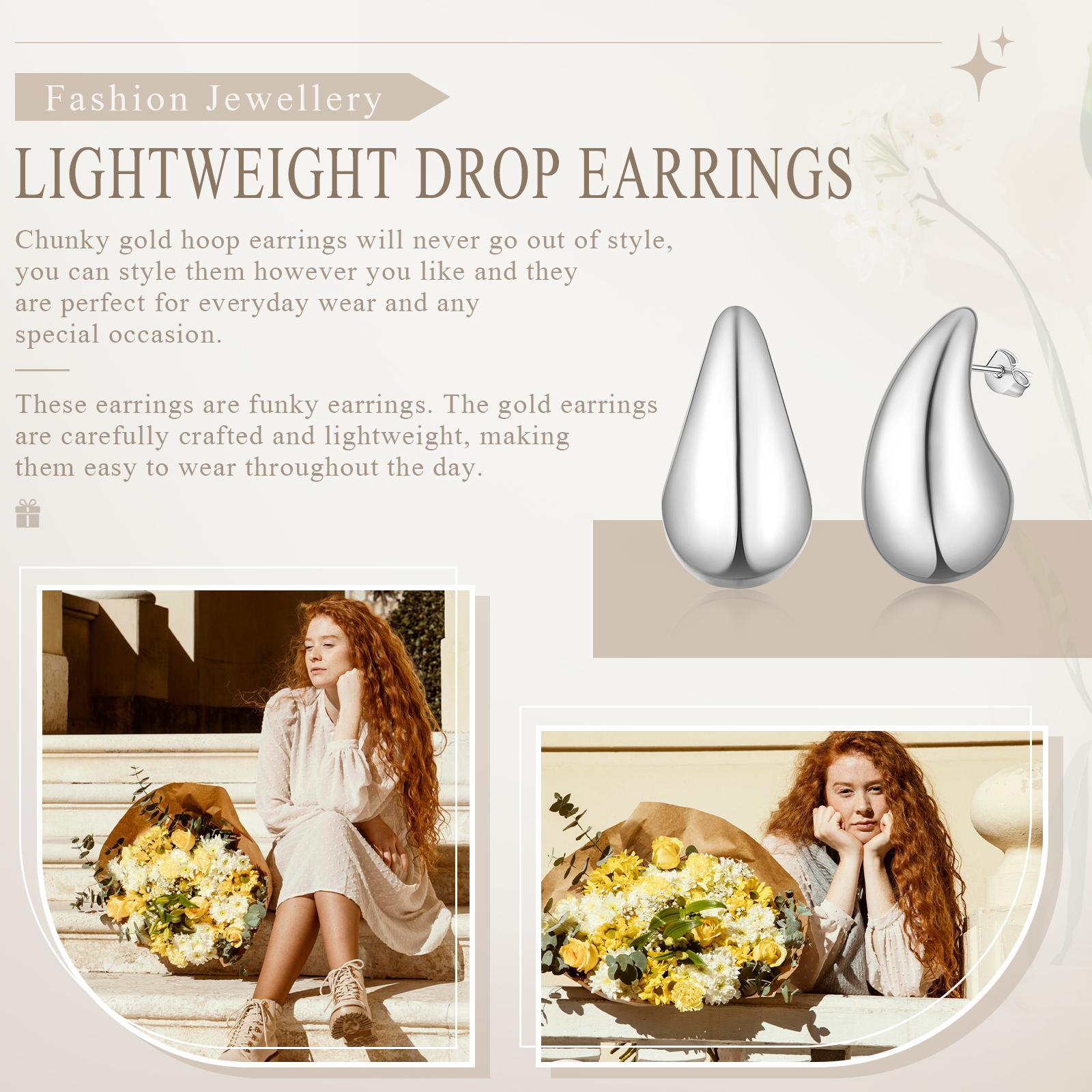 Women's Chunky Gold Hoop Earrings, Lightweight Teardrop Shape Earrings, Fashion Jewelry for Women Girls