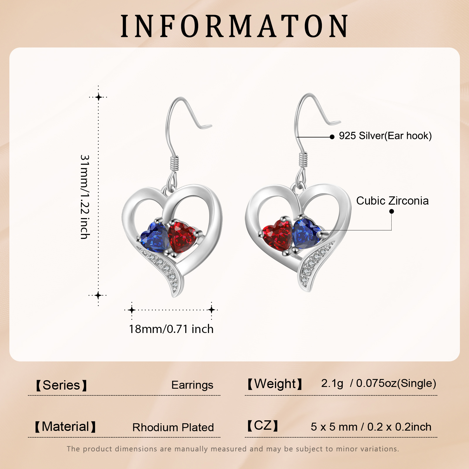 Personalised Heart Birthstone Earrings with 2 Birthstones - Gift for Her | Jessemade