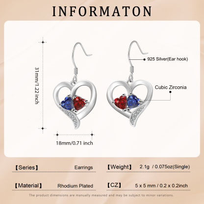 Personalised Heart Birthstone Earrings with 2 Birthstones - Gift for Her | Jessemade