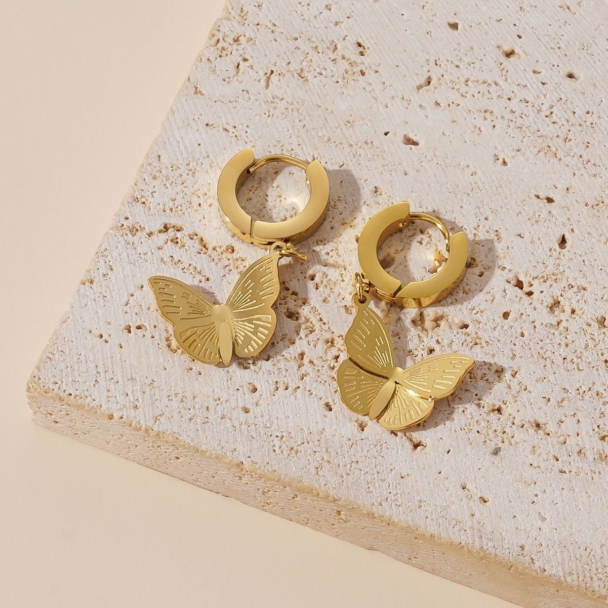 Gold Butterfly Hoop Earrings – Dainty Engraved Charm Drop Earrings | N