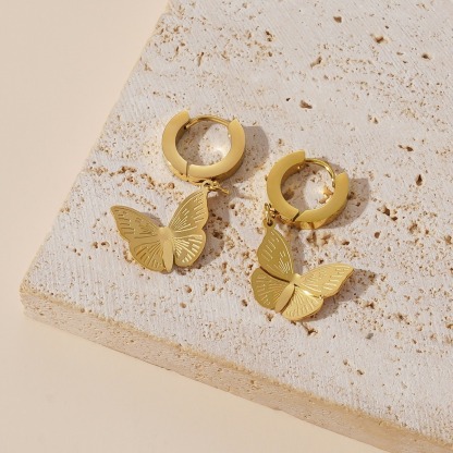 Gold Butterfly Hoop Earrings – Dainty Engraved Charm Drop Earrings | N