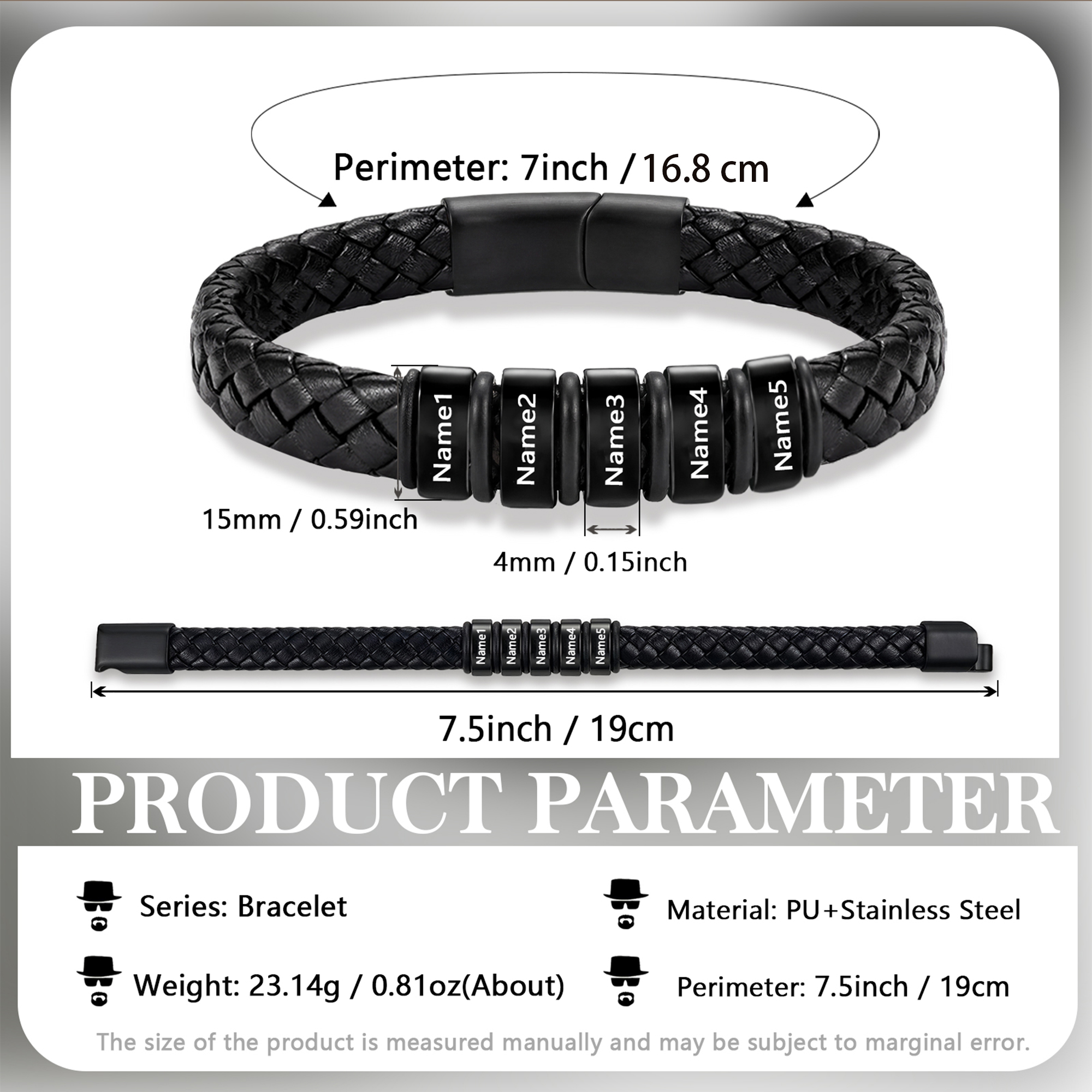 Personalised Leather Braided Bracelet Customised with 2–6 Name Beads
