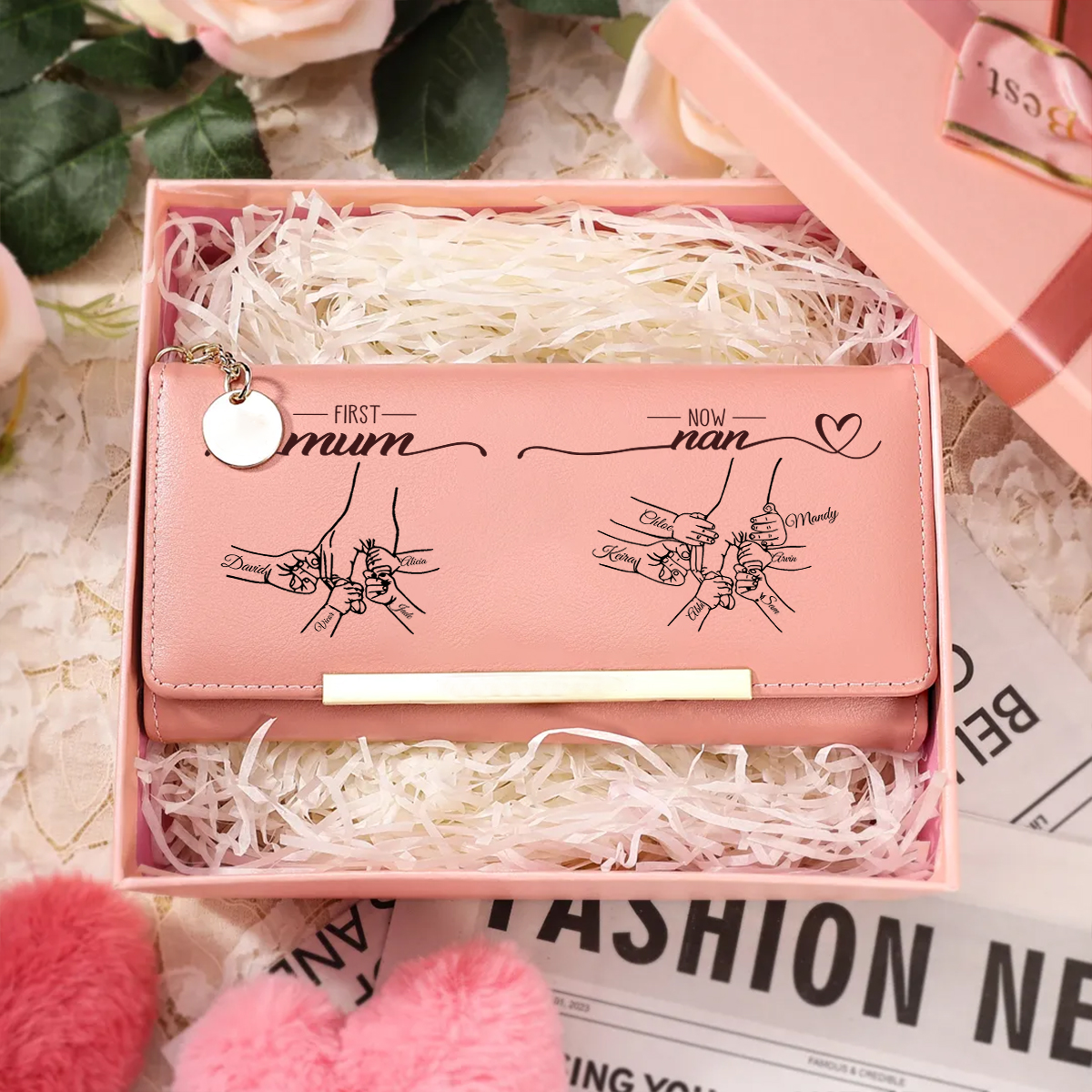 Personalised Holding hands Engraved Pink PU Wallet for Mum/Nan