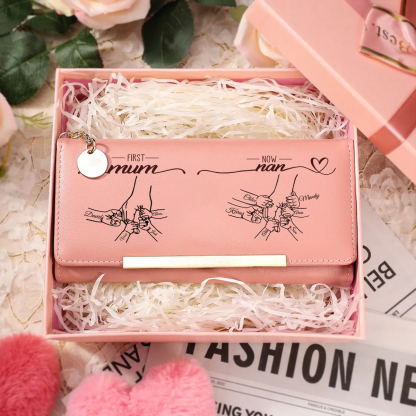 Personalised Holding hands Engraved Pink PU Wallet for Mum/Nan
