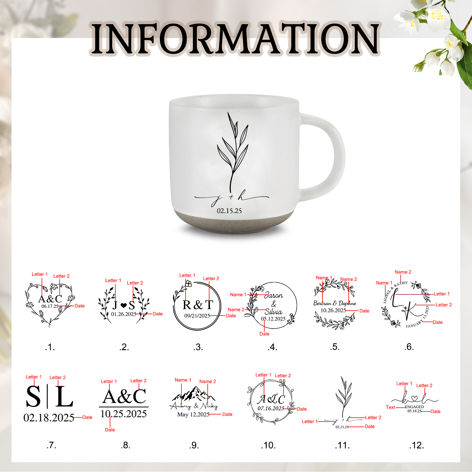 Personalised Mr & Mrs Ceramic Coffee Mugs With Initials & Date - Wedding Anniversary Gifts for Newlywed Couples | Jessemade