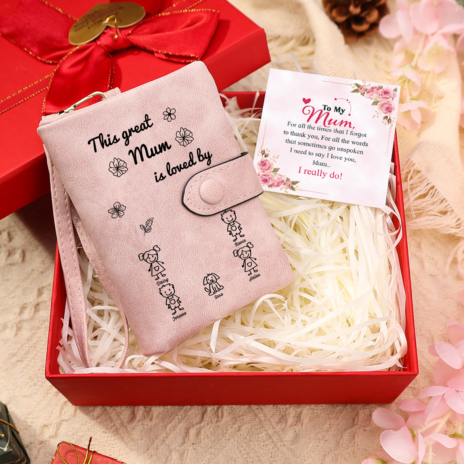 Personalised PU Pink Wallet with 1-6 Names for Mum