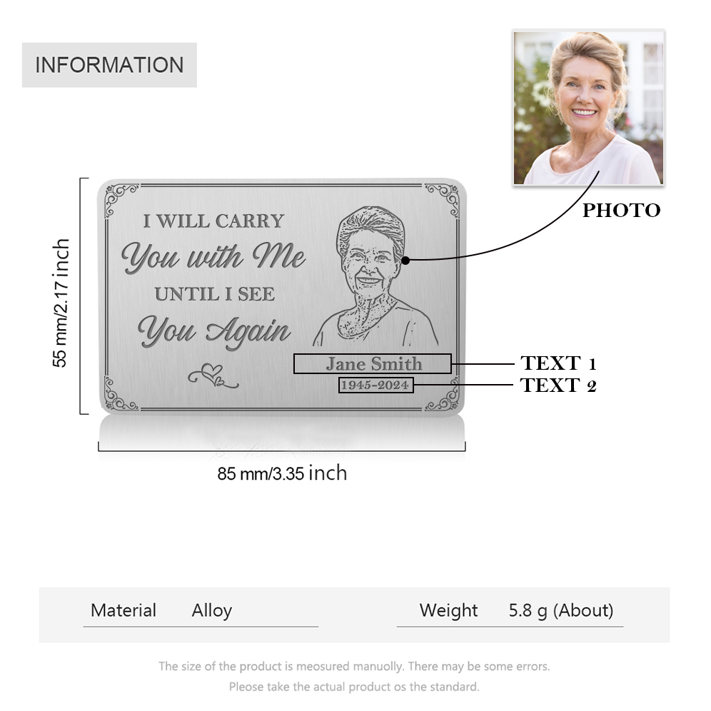 Personalised Memorial Wallet Card with Custom Name and Photo Memorial Wallet Card "I Will Carry You with Me" | Jessmade
