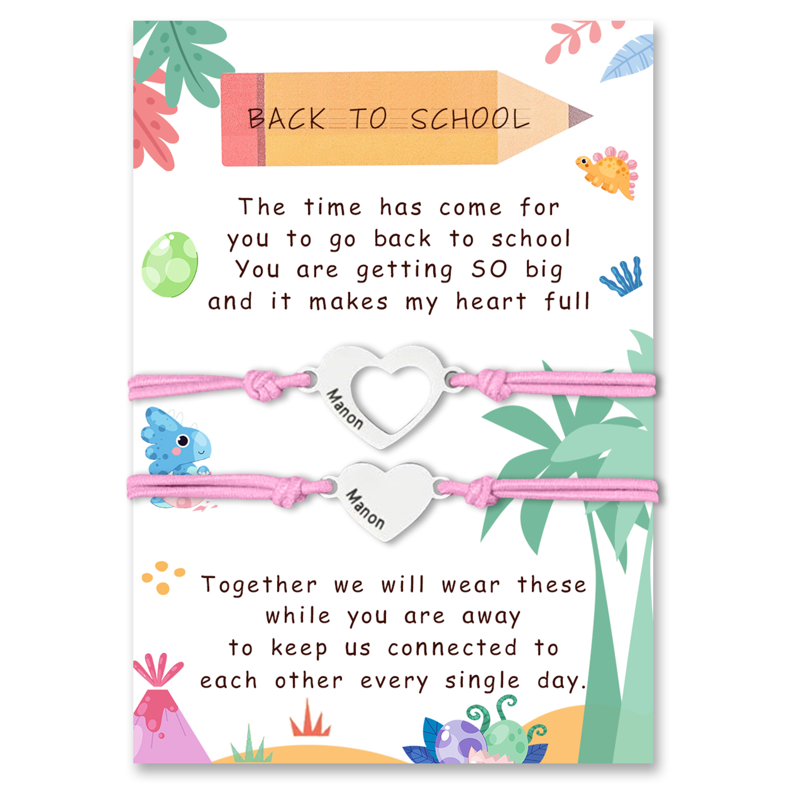 2 Pcs Heart Bracelet Set with Gift Card Custom Names Adjustable Bracel