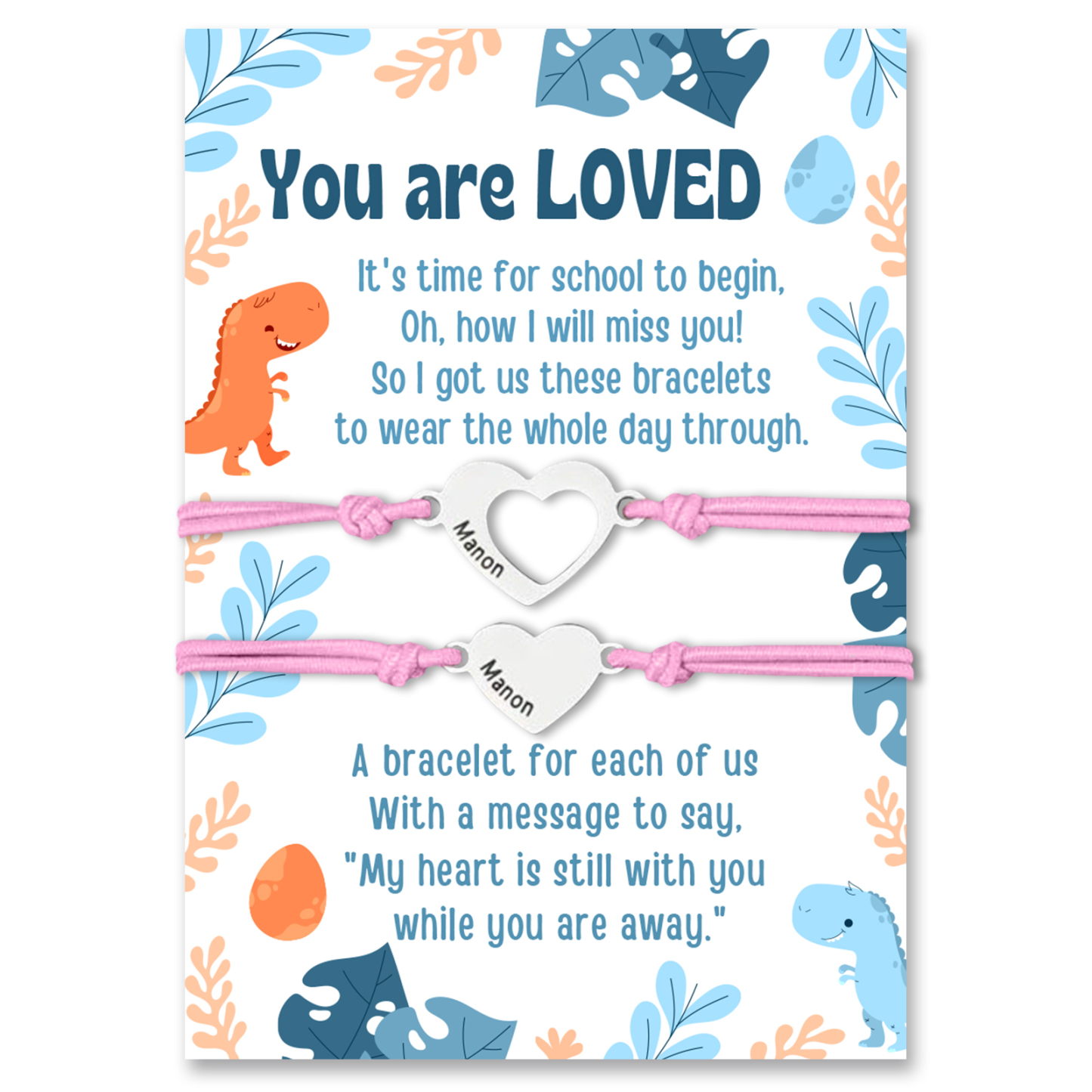 2 Pcs Heart Bracelet Set with Gift Card Custom Names Adjustable Bracel