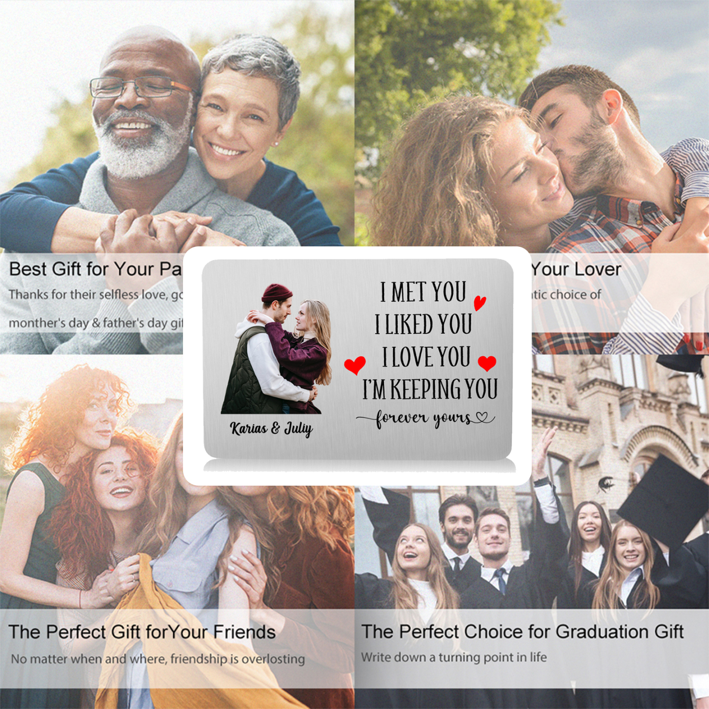 Personalized Keyring & Bracelet Gift Set – 2 Custom Keychains, Photo Bracelet, and Engraved Wallet Card with Custom Photos & Names for Couple | Jessemade