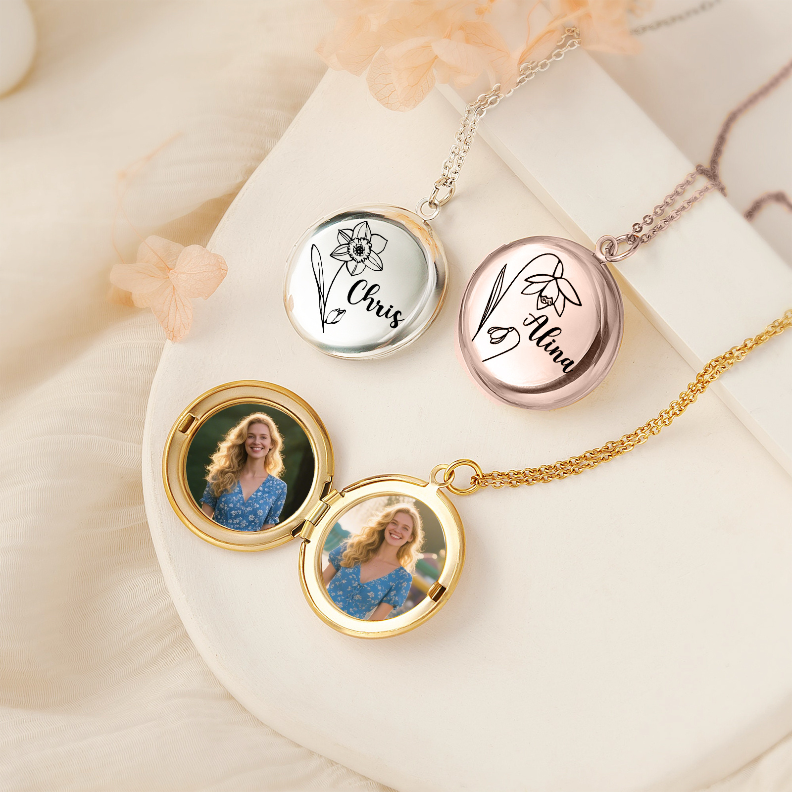 Personalised Birth Flower Locket Necklace Custom Photos Name Gift for Her | Jessemade