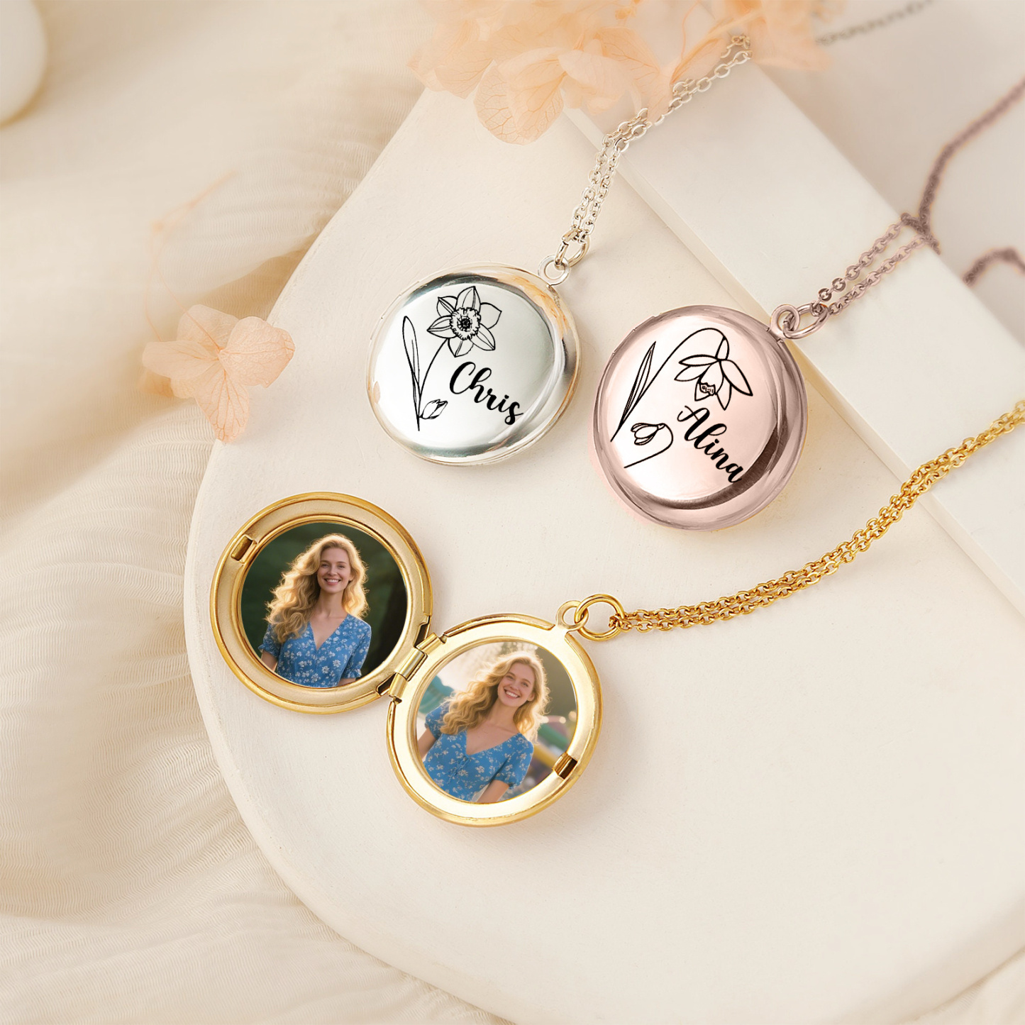 Personalised Birth Flower Locket Necklace Custom Photos Name Gift for Her | Jessemade