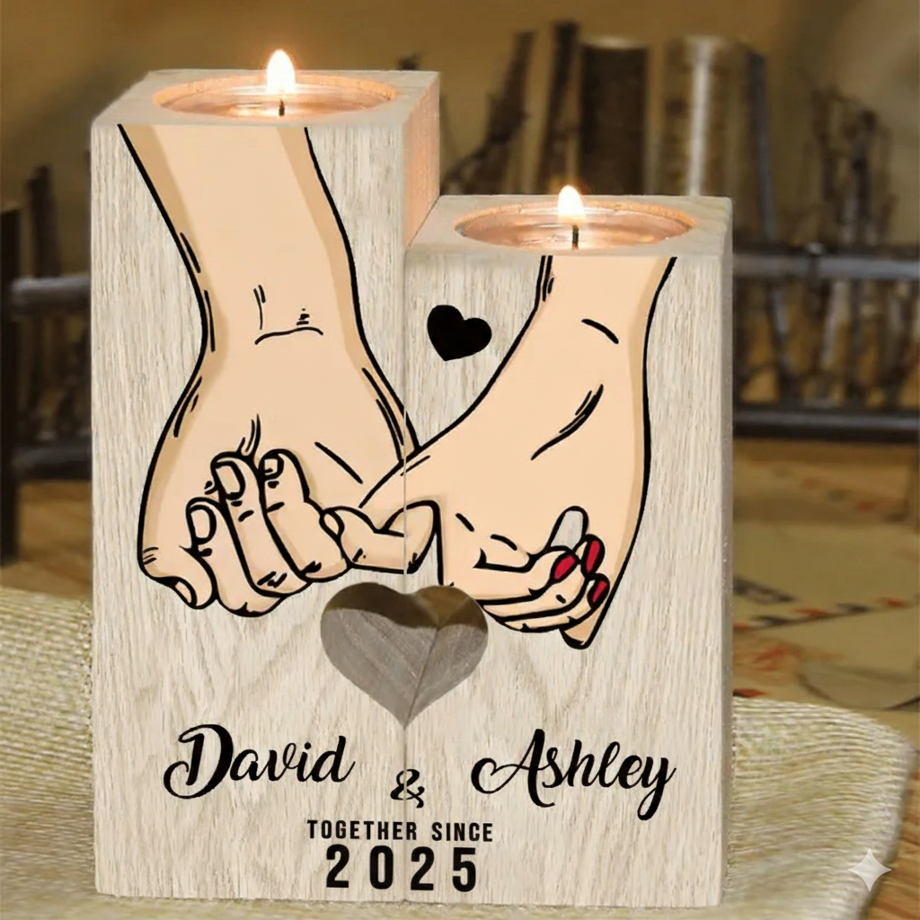 Personalised Pinky Promise Couple Candle Holder Engrave Name Wooden Candlesticks