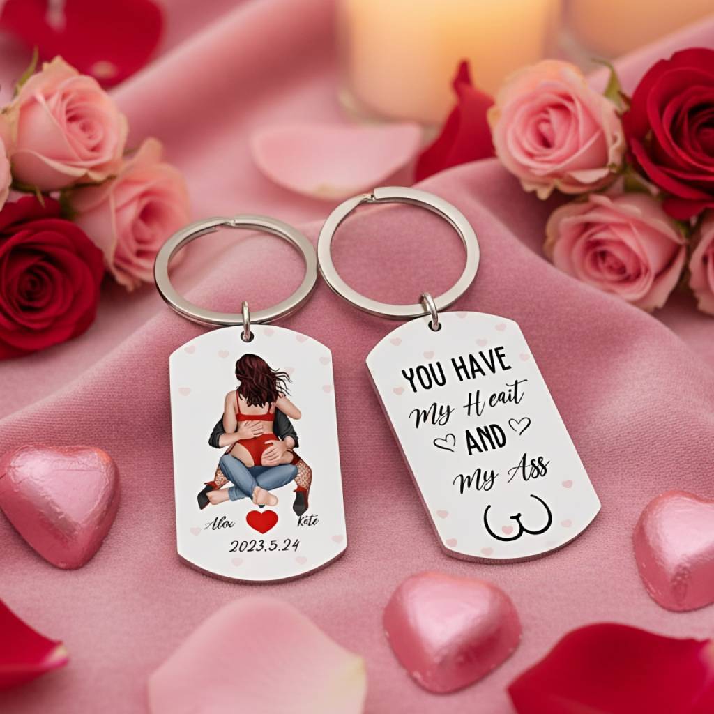 Personalised Keyring Custom 2 Names & Date with "You Have My Heart And My Ass" - Valentine Gift for Couple | Jessemade