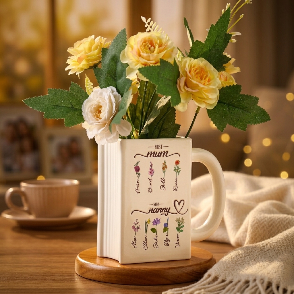 Personalised ceramic book-shaped vase with 2 to 10 names and birth flowers birthday gift for grandma | Jessemade