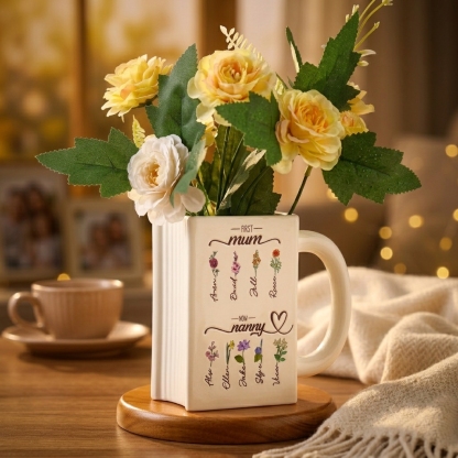 Personalised ceramic book-shaped vase with 2 to 10 names and birth flowers birthday gift for grandma | Jessemade