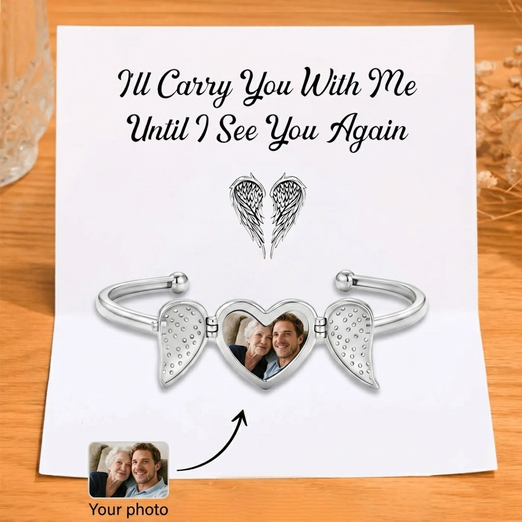 Personalised Memorial Angel Wing Heart Photo Cuff Bracelet
