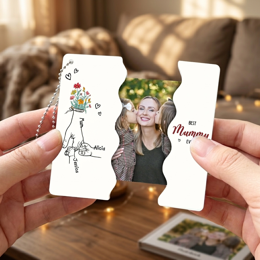 Personalised Floral Mum Sliding Photo Keyring or Hanging Charm