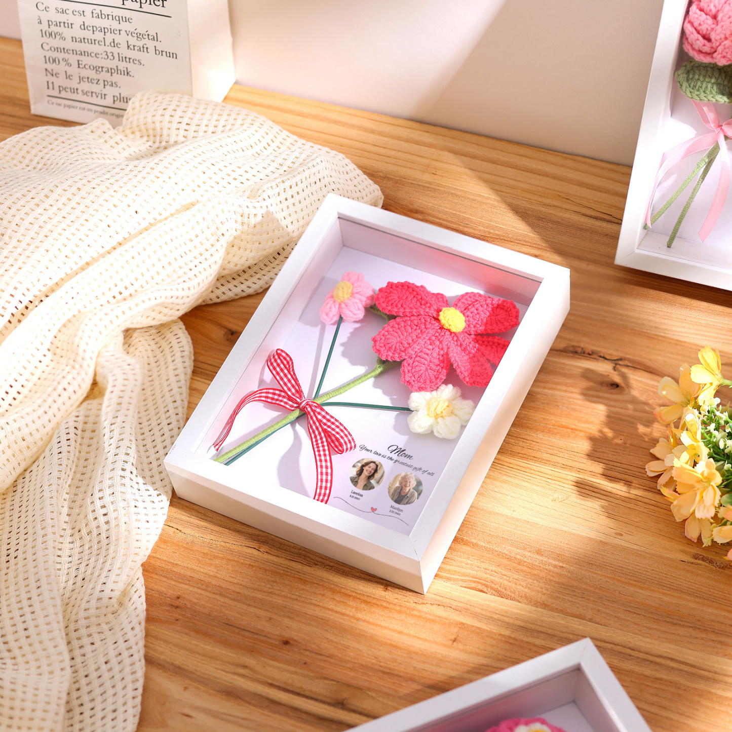 Personalised 3D Peony Crochet Flower Shadow Box Frame