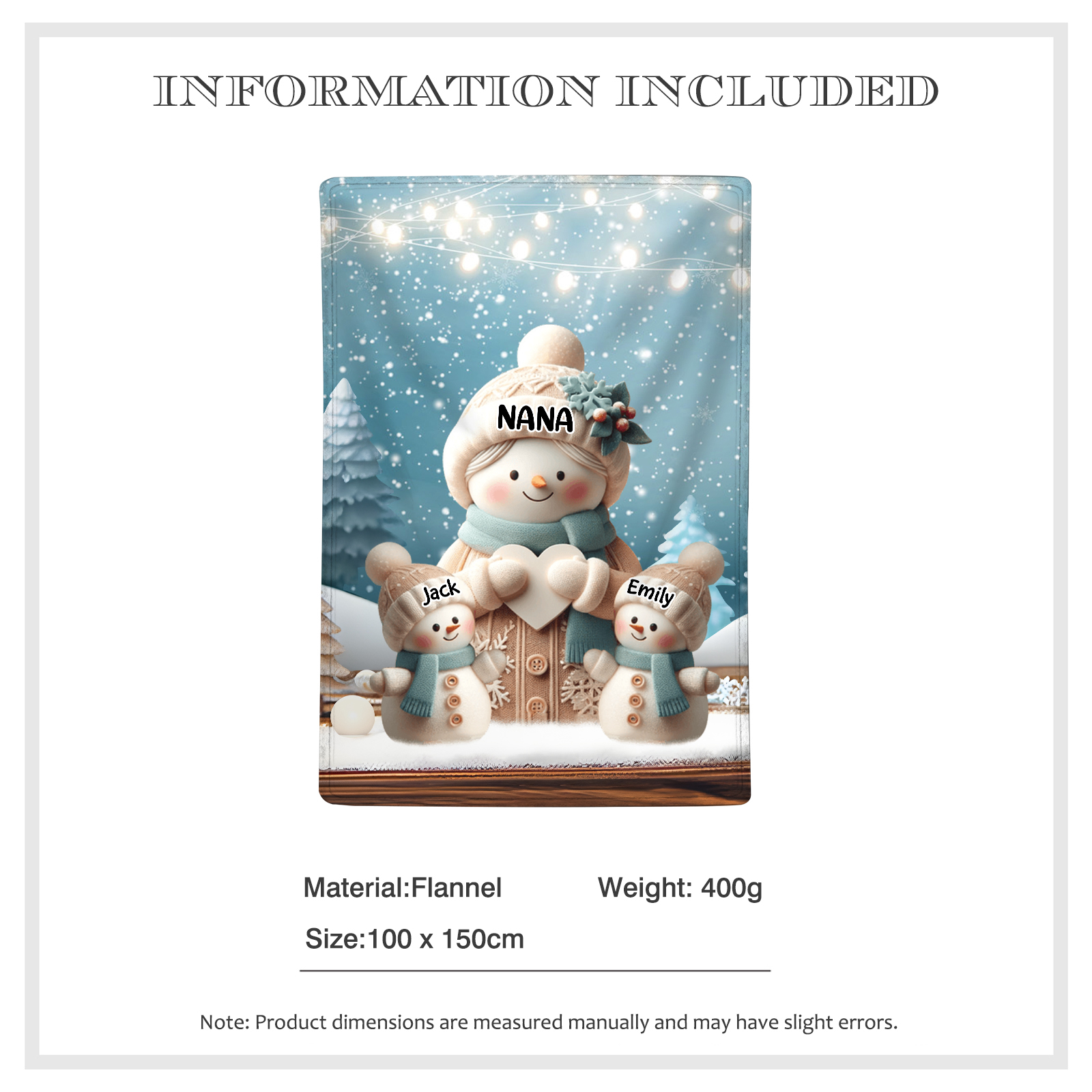 Personalised Snowman Family Blanket with Custom 3 Names – Cozy Christmas Gift for Nan | Jessmade
