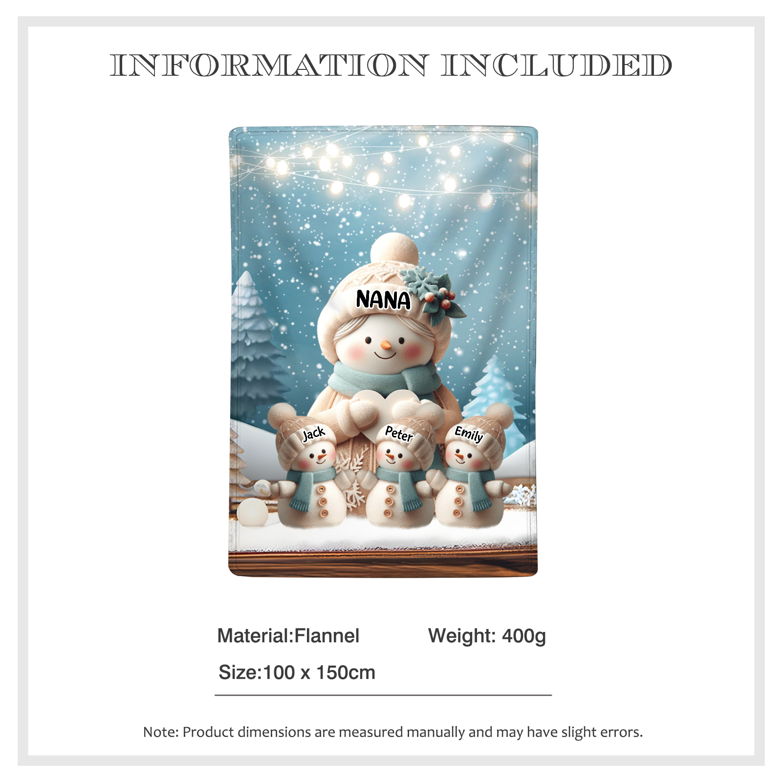 Personalised Snowman Family Blanket with Custom 4 Names – Cozy Christmas Gift for Nan | Jessmade