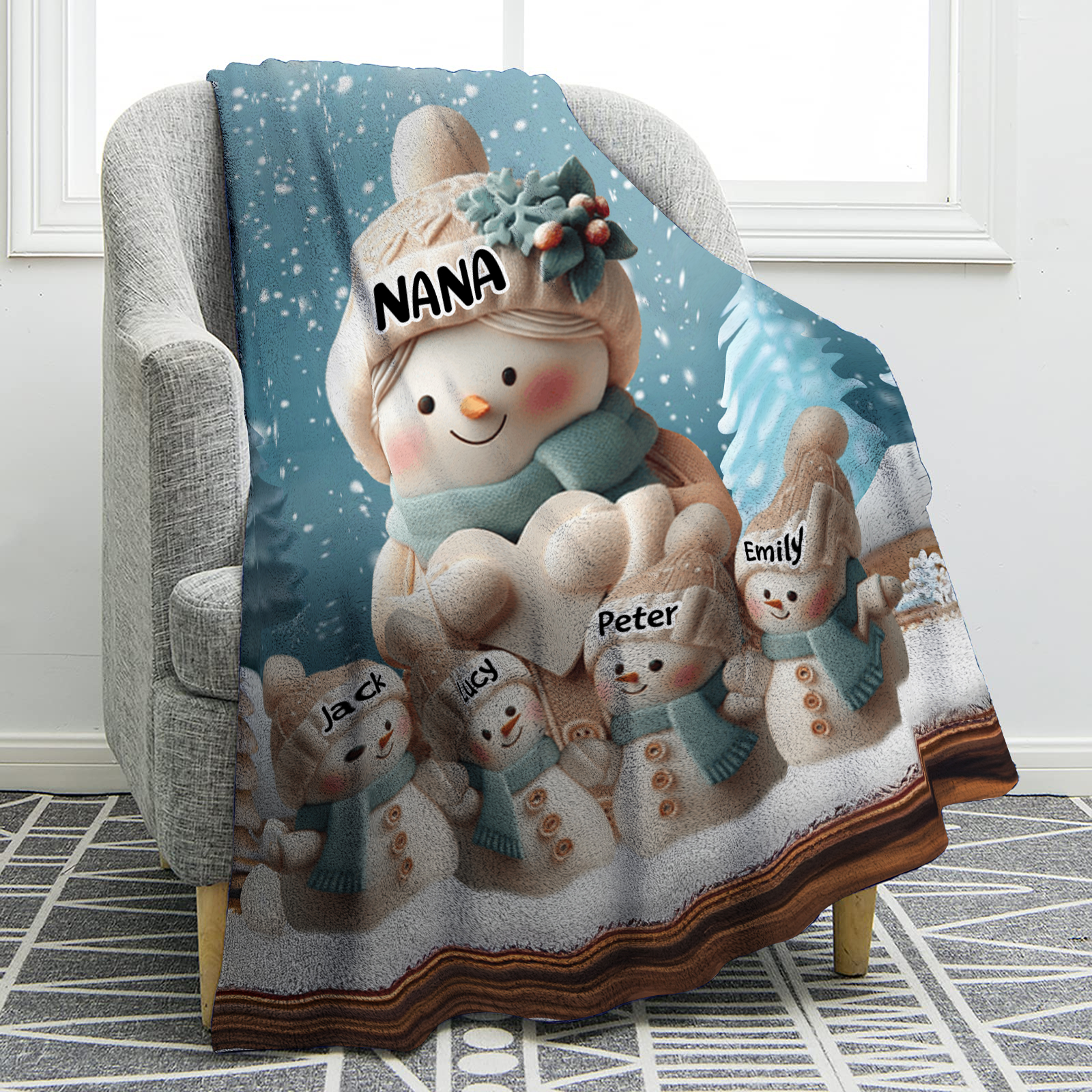 Personalised Snowman Family Blanket with Custom 5 Names – Cozy Christmas Gift for Nan | Jessmade