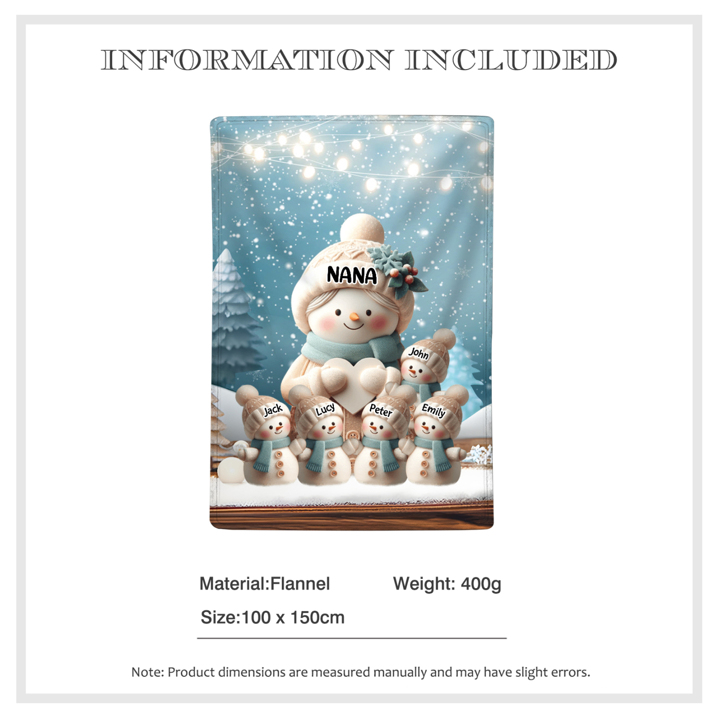 Personalised Snowman Family Blanket with Custom 6 Names – Cozy Christmas Gift for Nan | Jessmade