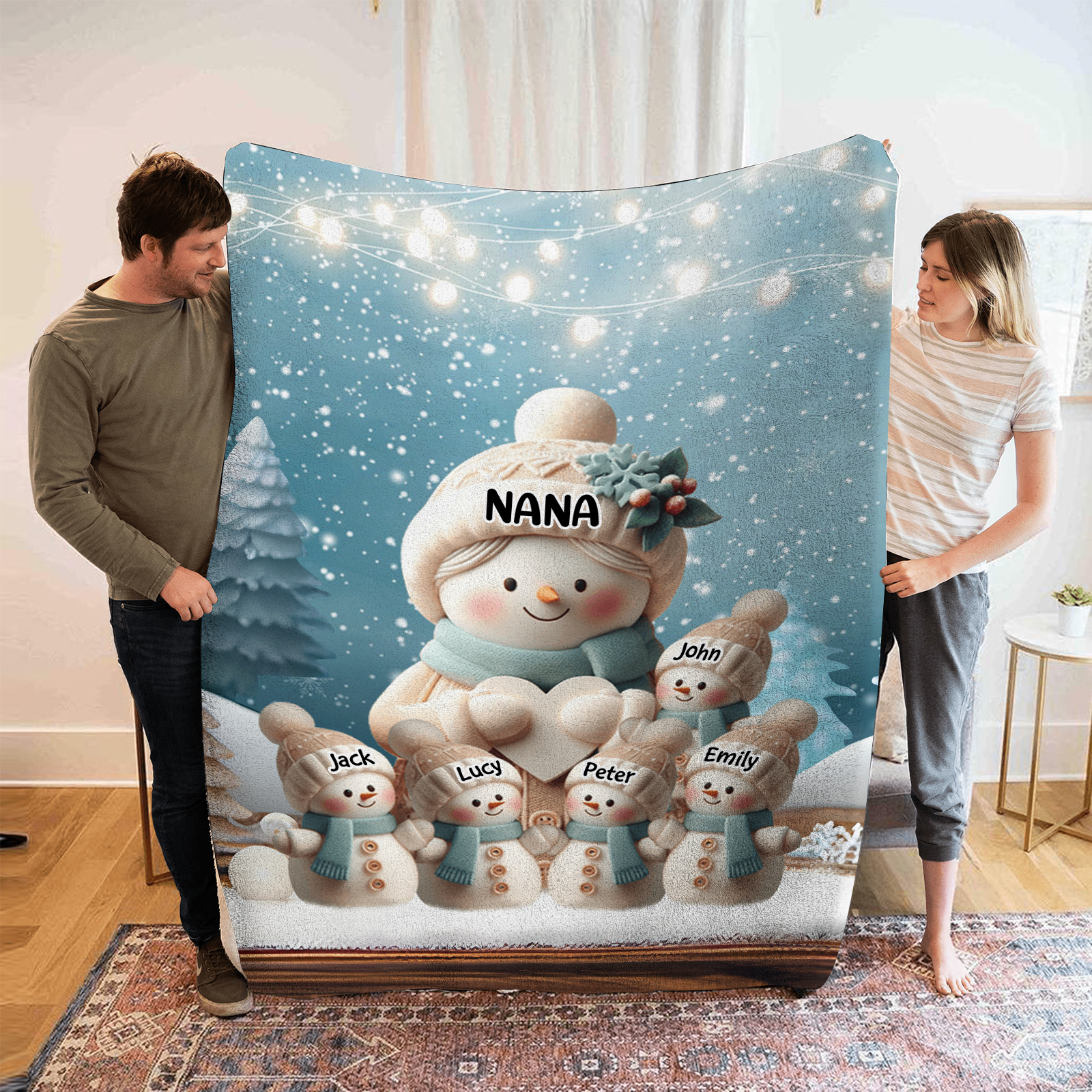 Personalised Snowman Family Blanket with Custom 6 Names – Cozy Christmas Gift for Nan | Jessmade