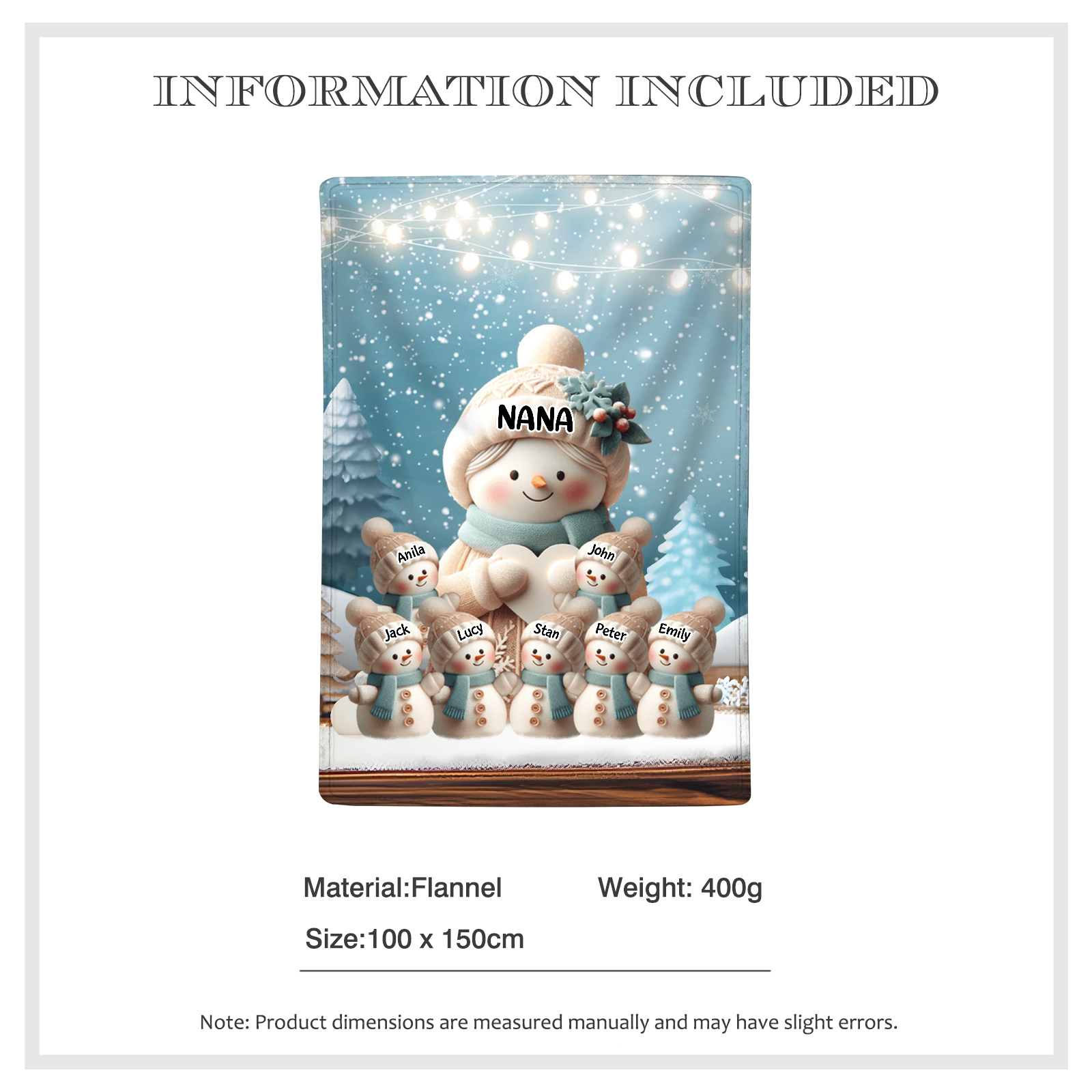 Personalised Snowman Family Blanket with Custom 8 Names – Cozy Christmas Gift for Nan | Jessmade