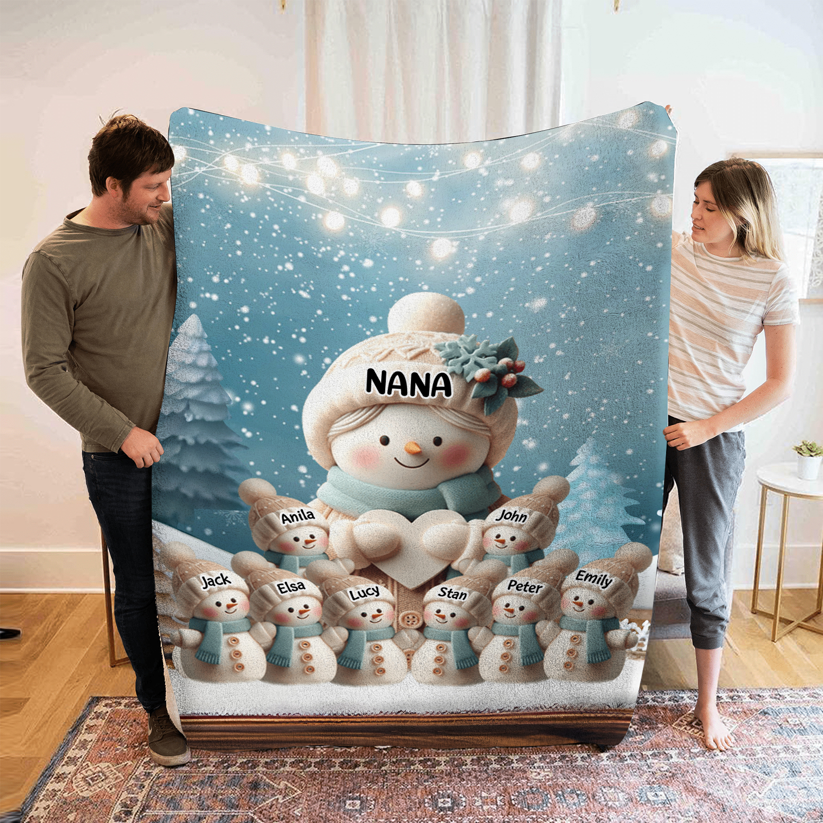 Personalised Snowman Family Blanket with Custom 9 Names – Cozy Christm