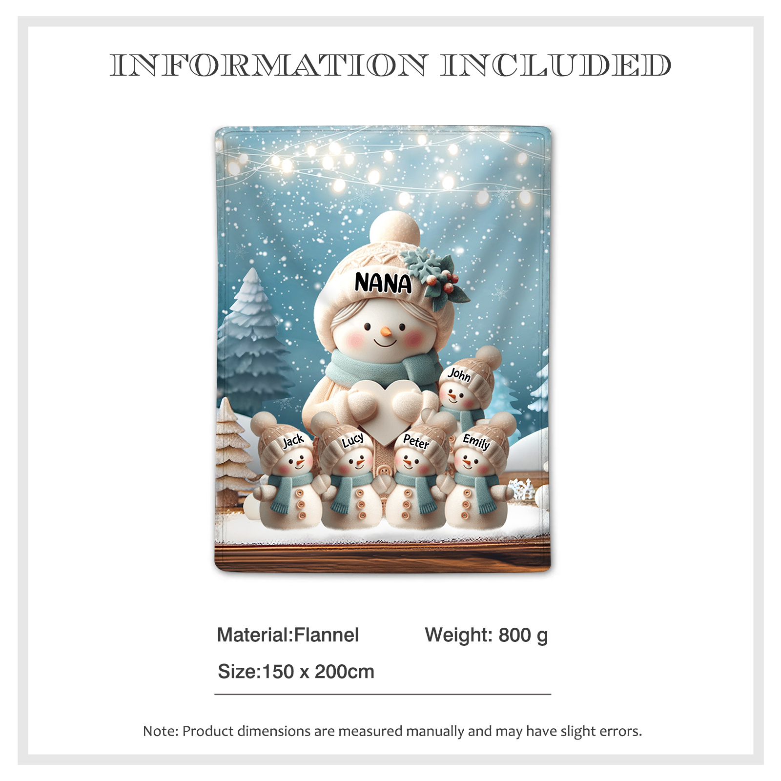 Personalised Snowman Family Blanket with Custom 6 Names – Cozy Christmas Gift for Nan | Jessmade