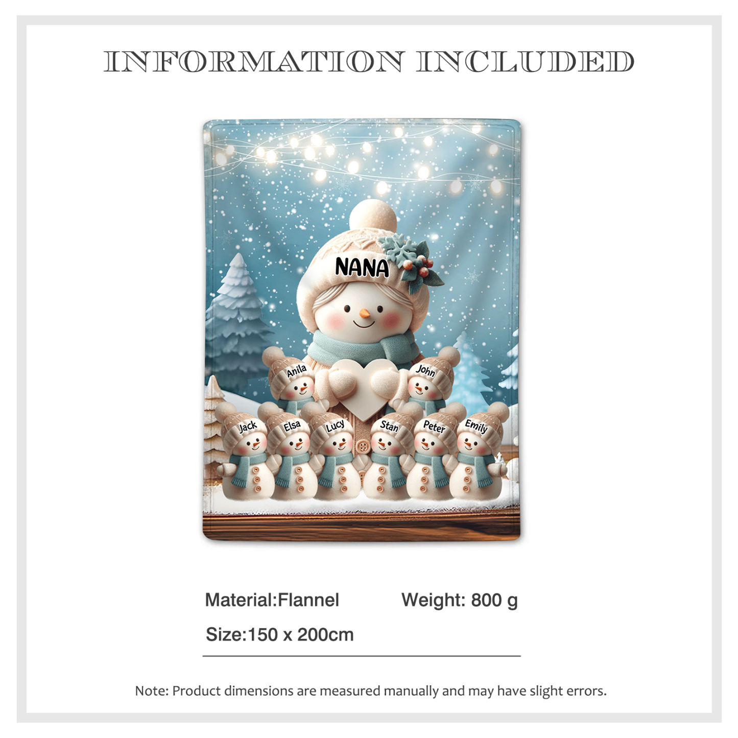 Personalised Snowman Family Blanket with Custom 9 Names – Cozy Christmas Gift for Nan | Jessmade