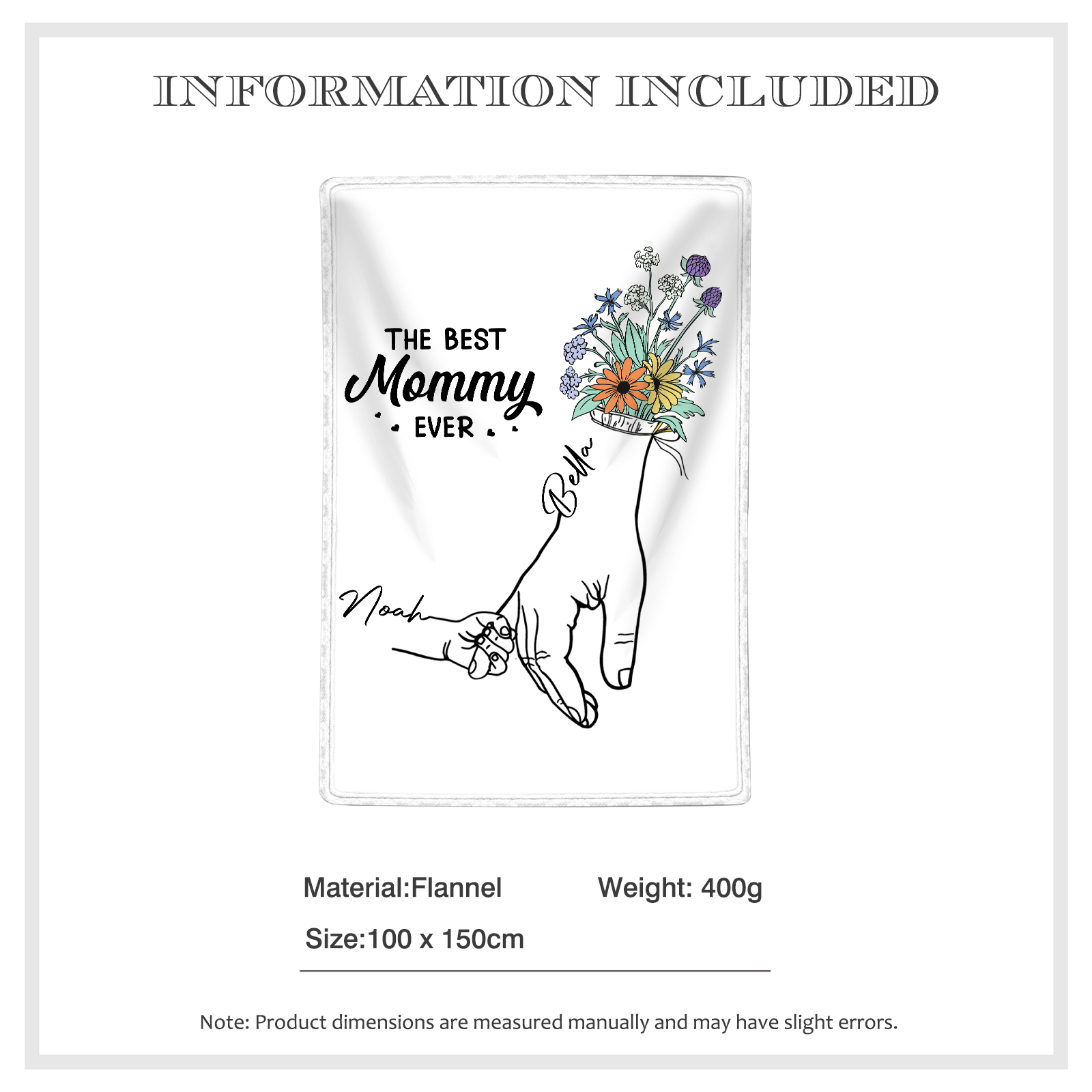 Personalized Holding Hand Family Blanket - Custom 2-8 Names with Floral Accents Flannel Blanket Gift for Mommy | Jessmade