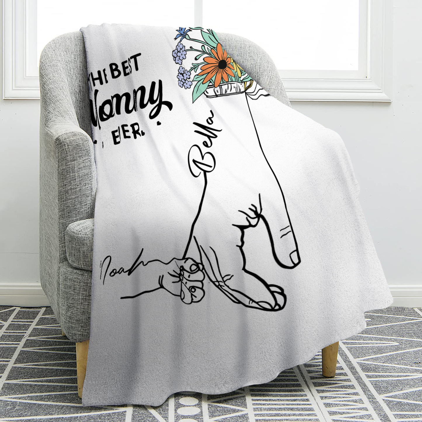 Personalized Holding Hand Family Blanket - Custom 2-8 Names with Floral Accents Flannel Blanket Gift for Mommy | Jessmade
